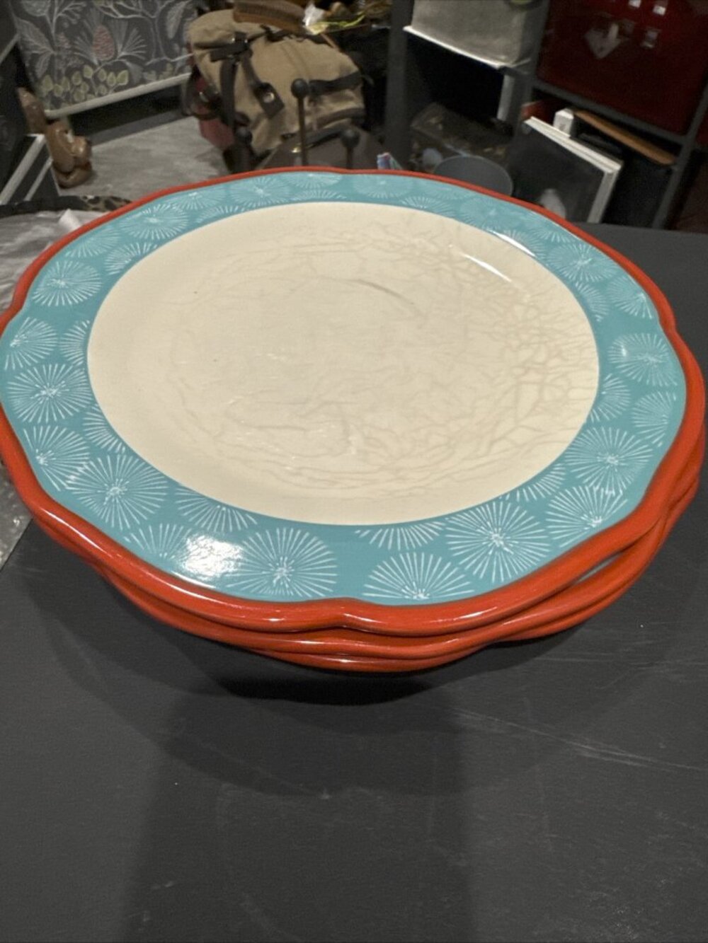 Pioneer Woman 10 5/8" Dinner Plates Red Scalloped Rim AquaTeal Starburst Set/3